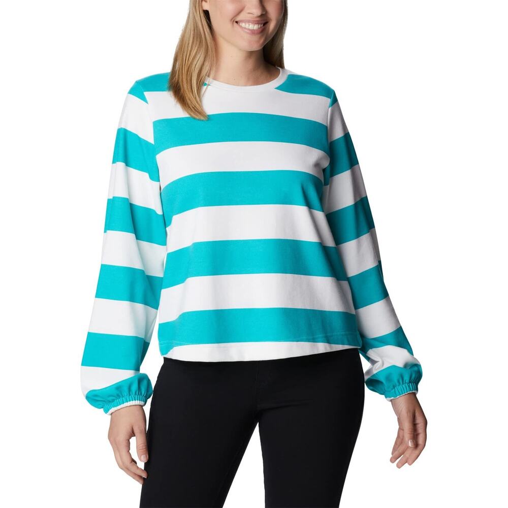 Columbia Women Trek Seasonal Ft Graphic Crew Bright Aqua/Rugby Stripe Size L